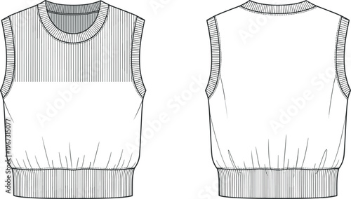 Knitted sleeveless sweater vest technical sketch with ribbed crew neck and hemline for fashion design front and back view vector.