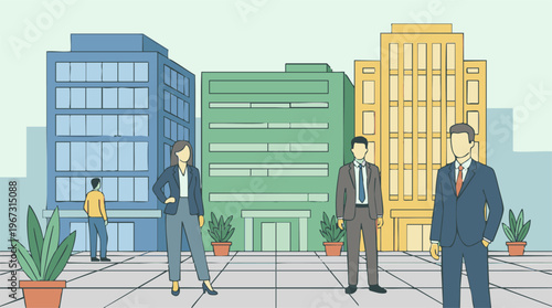 Business professionals standing in front of modern office buildings in a city