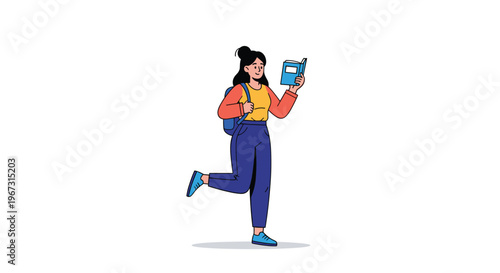 Cheerful young girl wearing a backpack and reading a book while walking or skipping enthusiastically represents a love for learning and education.