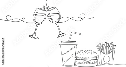 "Fast Food and Drinks, Burger, Fries, Soft Drink, and Toasting Wine Glasses for Casual Dining and Food Illustration"