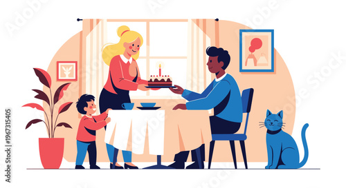 Happy diverse family gathered around a dinner table as a woman presents a birthday cake with a single candle while a pet cat watches nearby.