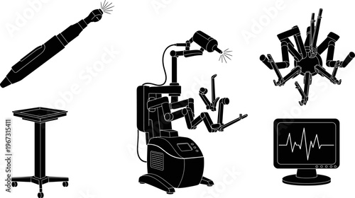 Highly detailed black silhouette vector illustrations of robotic surgery equipment including multi-arm surgical systems, medical monitors, laser tools, and rolling hospital 