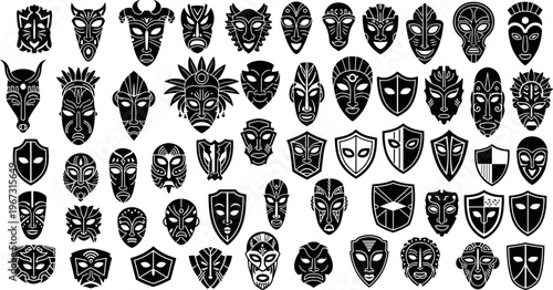 Large collection of black and white tribal masks and shield silhouettes featuring traditional ethnic patterns, indigenous cultural symbols, decorative artistic elements, 