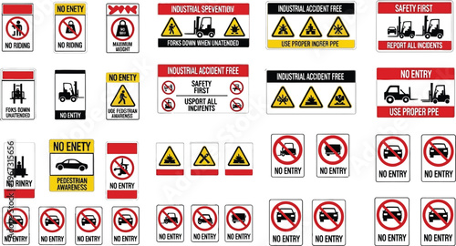 Industrial safety signs warn of hazards.