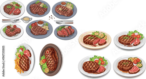 Illustration Set of Delicious Steak Dishes with Grilled Vegetables and Fries for Food, Restaurant, and Culinary Design Projects
