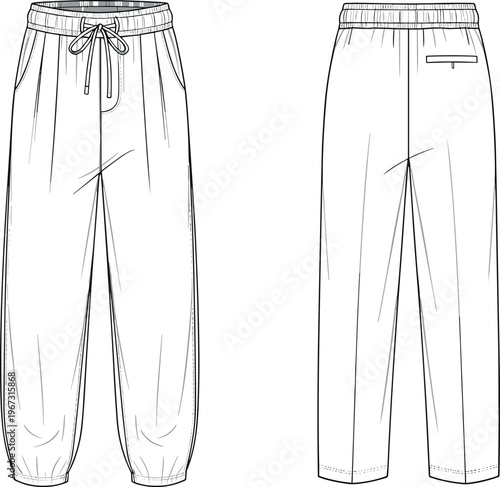 Technical flat sketch of men's and women's drawstring jogger pants and trousers with elastic waistband and pockets for fashion design.