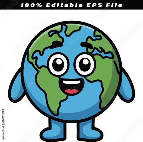 A smiling cartoon Earth character with continents visible, standing on short legs with arms outstretched, represents global unity and environmental awareness in a friendly, approachable manner.