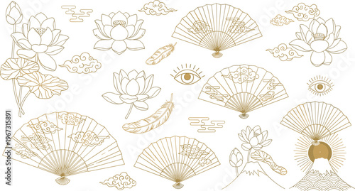 PrintJapanese Traditional Decorative Elements Collection with Lotus Flowers, Folding Fans, Clouds, Feathers, Eye Symbol, and Mount Fuji for Elegant Cultural Design