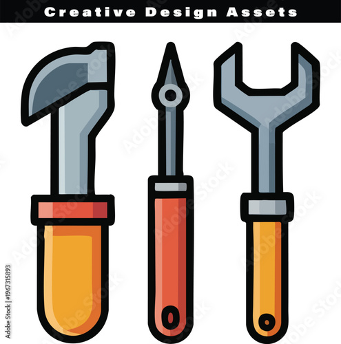Set of three stylized construction and repair tools featuring a wrench and specialized screwdrivers