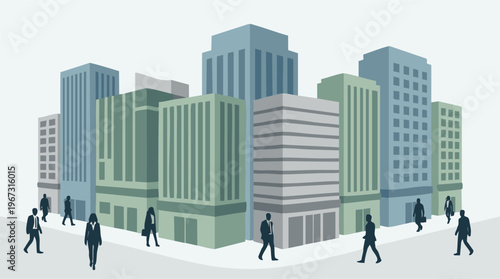 Business people walking in a modern geometric cityscape