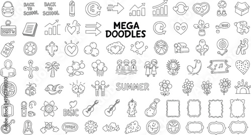 Mega Set of Hand-Drawn Doodles Featuring Back-to-School, Summer, Music, Hearts, and Seasonal Icons for Digital and Graphic Design Projects