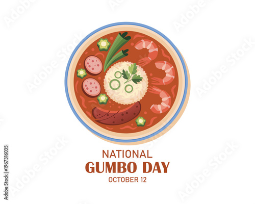 National Gumbo Day vector. Bowl of soup with shrimp, sausage and rice icon vector. Classic meal in Louisiana vector. Gumbo Day Poster, October 12. Important day