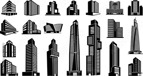 Modern city skyscraper building set with black and white vector silhouette icons of high rise corporate offices towers and urban architecture apartment commercial structures.