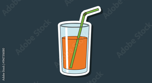 Fresh orange juice in a glass with a green straw sticker icon isolated on a dark blue background for healthy drinks.