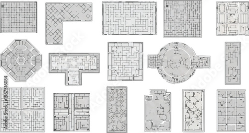 Dungeon map collection for tabletop gaming, fantasy RPG level design layouts, set of 15 black and white architectural floor plans for adventure games