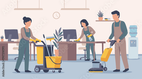 Professional cleaning service staff cleaning and maintaining a modern office.
