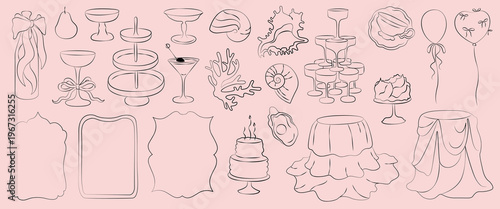 Hand-drawn wedding decor elements ready concept for cards, menu, invitations in rococo classic style, shells and drinks, frames