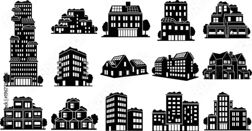 Modern sustainable city buildings and green eco friendly urban architecture silhouette collection with solar panels rooftop gardens and residential apartment houses 