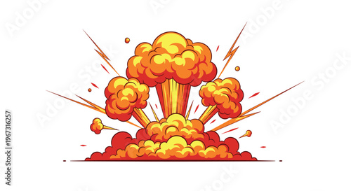 Powerful explosion with massive clouds of fire and smoke and lightning bolts over a white background.