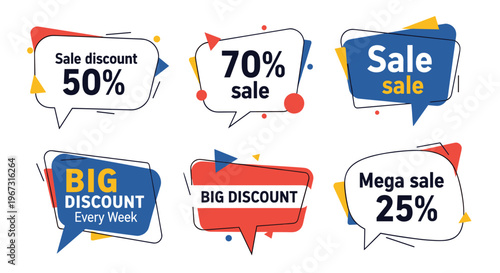 Collection of various colorful sale discount tags and banners with different percentages and promotional text.