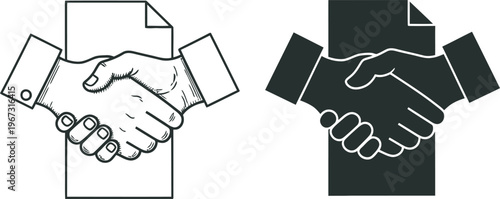Three variations of a handshake icon representing agreements partnerships and successful business deals in different styles