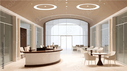 Bright modern lobby with curved white reception desk seating area and large windows vector illustration