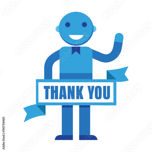 Thank You Concept with 3D Little Man Holding Banner – Blue Text Vector Illustration Cartoon Clipart Line Art on White Background