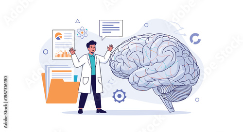 Medical scientist or doctor in a white coat explains the complex functions of the human brain using charts and documents.