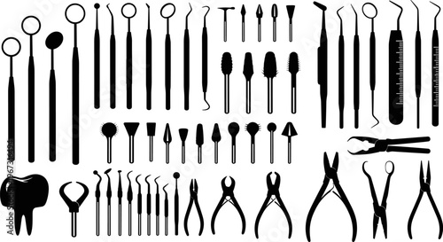 Professional dental instrument silhouette collection featuring various  tools like mirrors, probes, forceps, and scalers for dentistry, oral hygiene, and medical healthcare vector illustration.