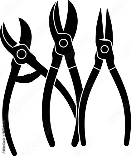 Professional black and white vector illustration of industrial metal cutting tools including pliers and heavy duty wire snips isolated on a clean white background.