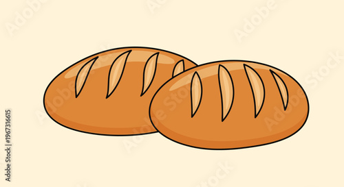 Two freshly baked loaves of bread with golden crust and score marks on a light yellow background.