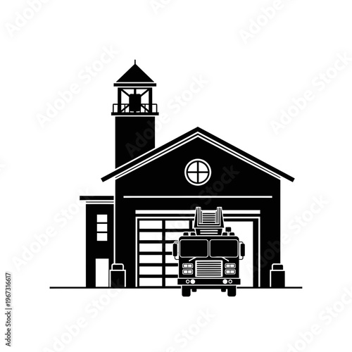 Fire station building with fire truck ready for emergency response silhouette style.