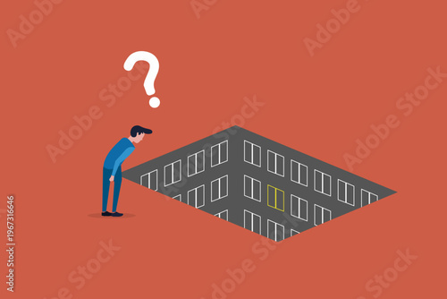 businessman on top looking down hole. Business crisis, depression or burnout syndrome vector concept. Symbol of stress, recession