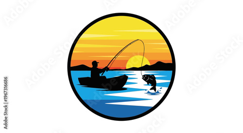 Man fishing on a boat at sunset.