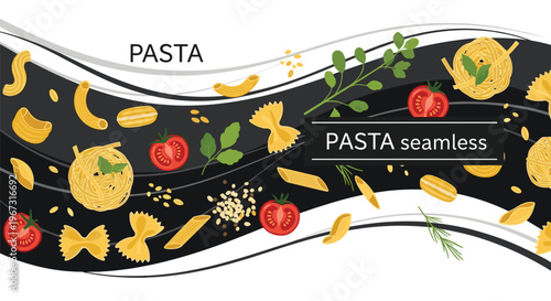 Seamless background design featuring various types of dry pasta, fresh tomatoes, and green herbs on a wavy black background.