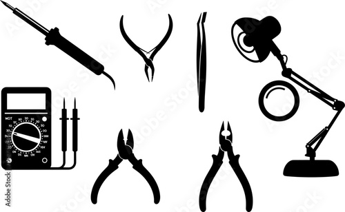 Professional electronic repair tool kit vector illustration featuring soldering iron, digital multimeter with probes, pliers, wire cutters, precision tweezers, and adjustable desk lamp 