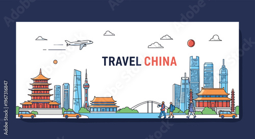 Travel China promotional banner featuring traditional pagodas, modern skyscrapers, a bridge, and a flying airplane.