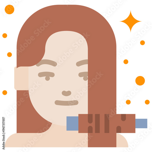Hair straightener flat icon, woman blow drying her straight shining hair a beauty