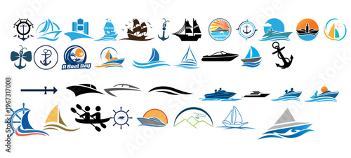 A collection of various nautical logos and icons on a white background