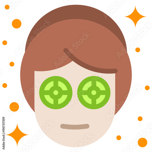 Facial treatment flat icon person with slices cucumber shows skincare cosmetic treatment