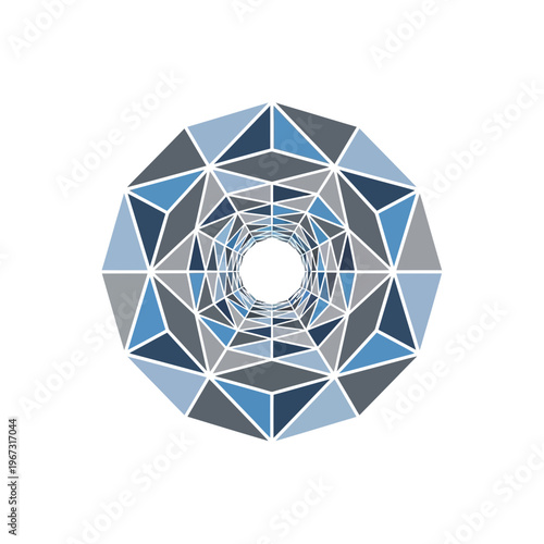 Geometric tunnel design with intricate triangular patterns and shades of blue and gray.