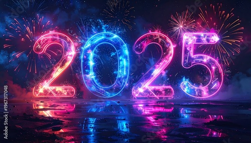 A vibrant neon-lit 2025 sign on a reflective surface at night