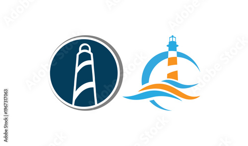 A stylized illustration of two lighthouse logos on a white background