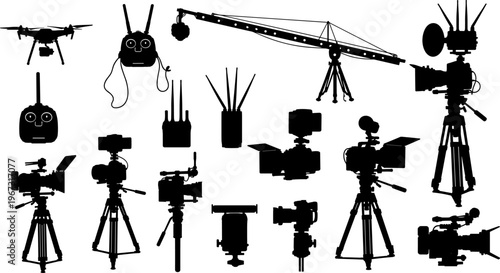 Professional film production equipment collection featuring cinema cameras on tripods, video drones, camera cranes, remote controllers, and digital broadcast gear silhouettes for movie industry media.