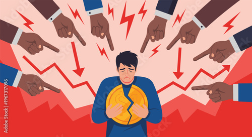Stressed man feels the pressure of financial failure while many hands point at him next to a broken coin and a falling chart.