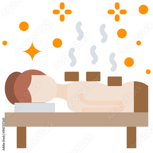 Lady flat icon enjoys a relaxing hot stone massage at the spa on a massage table.