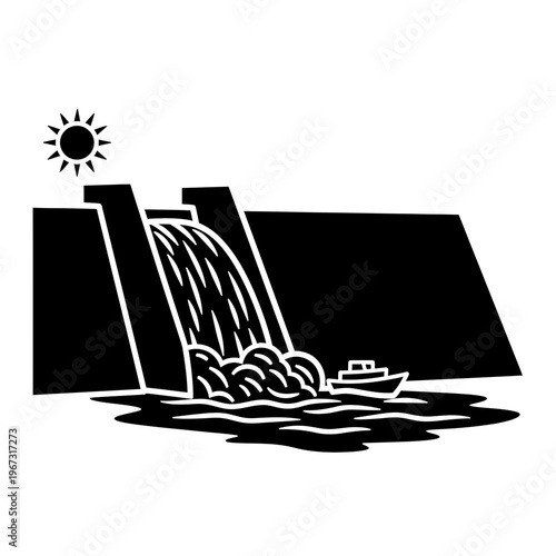 Hydroelectric dam generating power with boat on the water and sun shining.