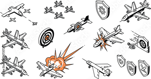 Military Aircraft Combat and Defense Set with Fighter Jets, Explosions, Targeting, Shields, and Aerial Attacks for Air Force and Warfare Designs