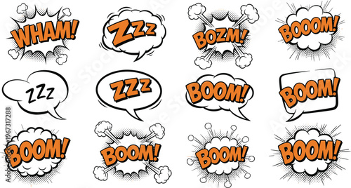 Comic Speech Bubbles Set with Pop Art Sound Effects "Wham", "Boom", and "Zzz" for Graphic Design, Animation, and Websites