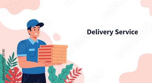 Friendly pizza delivery man wearing a blue uniform and cap carries a large stack of cardboard boxes to a waiting customer.